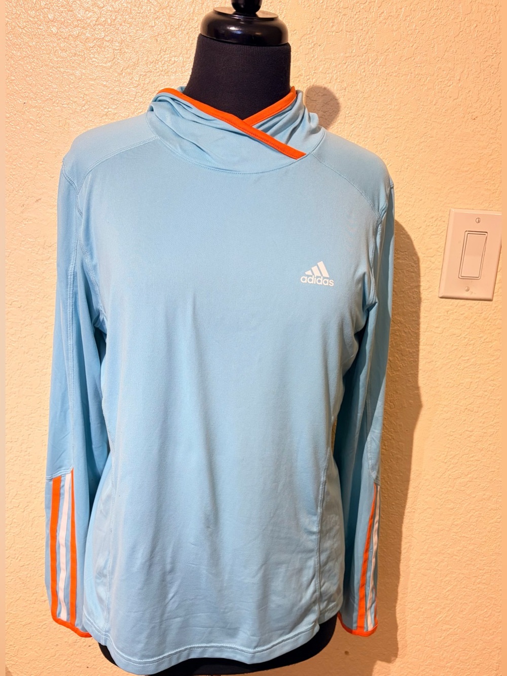 adidas Light Blue Long Sleeve Hooded Performance Top with Orange Trim